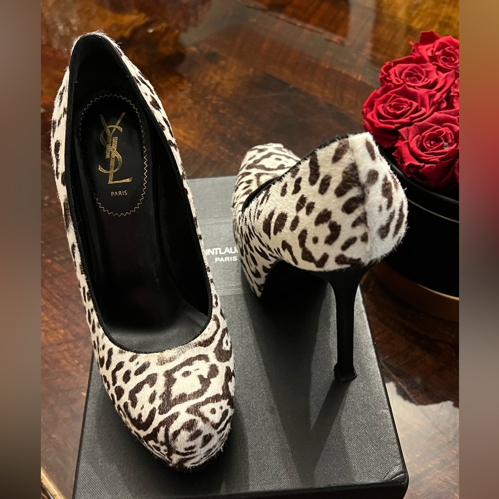 Saint Laurent Black and White Animal Print Heels